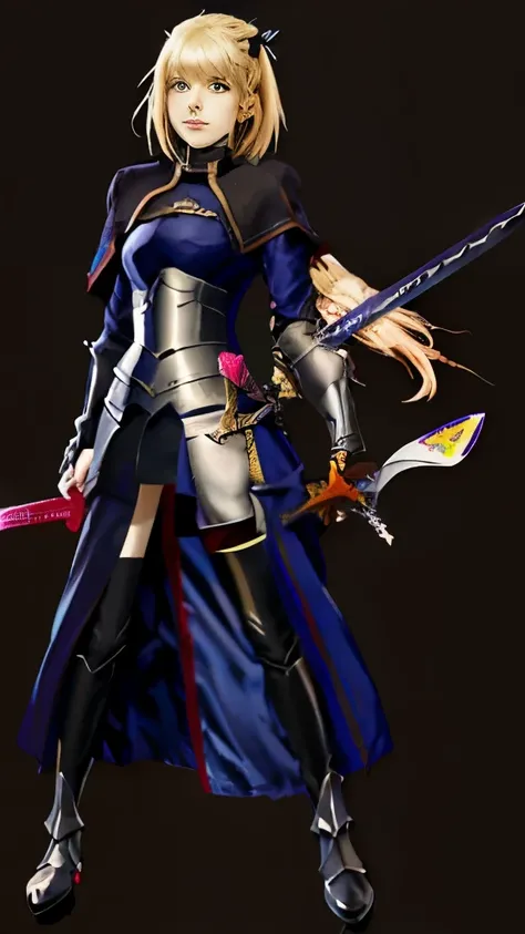 a woman in a long coat holding a sword and a sword, anime style like fate/stay night, made with anime painter studio, inspired by Li Chevalier, artoria pendragon, she is holding a sword, vector shaded anime, armor girl, female knight, cel - shaded art styl...