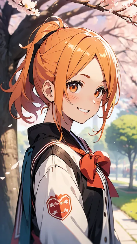 (highest quality、Extra fine、real)、1 anime high school girl、small breasts、riders jacket、orange hair、ponytail、red round eyes、From the side、gloves、bright smile、stand in front of a cherry tree、upper body close-up、cherry blossom park、sharp outline