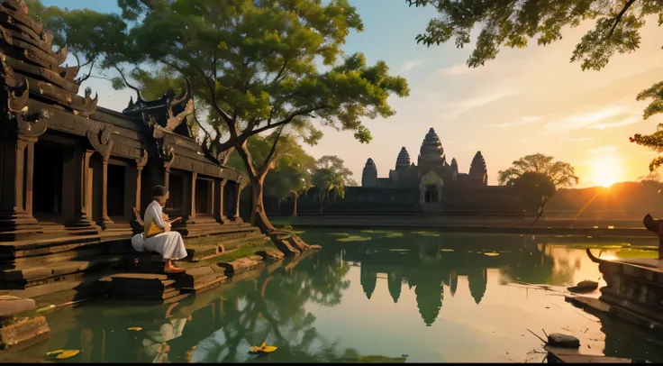 Boy and Girl apsara in Angkor temple and have lake and in lake have a lot lotus in sunset on winter