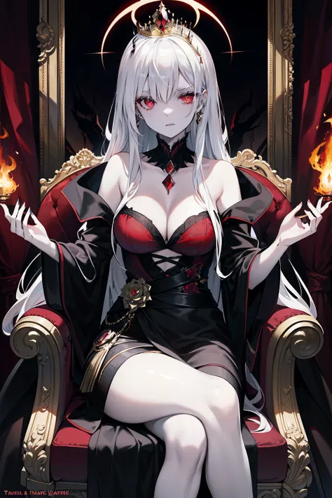 The vampire queens regal presence is showcased in a dark and captivating image. Draped in a velvet robe adorned with intricate, glowing patterns, she exudes an aura of power and sophistication. Her long white hair cascades in soft curls over her shoulders,...