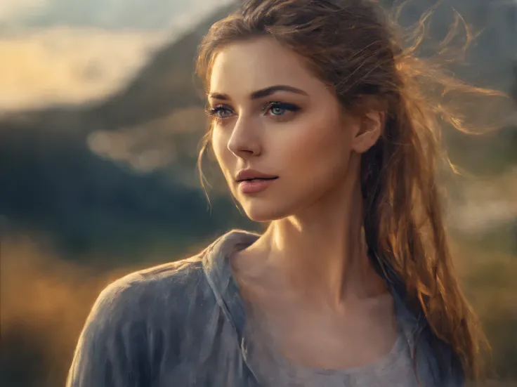 the neural network draws a portrait of a beautiful girl against the backdrop of a morning landscape, a high resolution, high det...