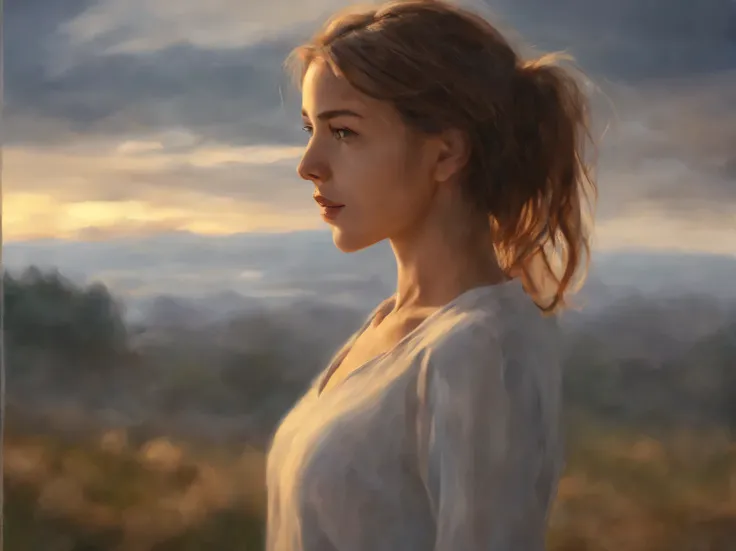 the neural network draws a portrait of a beautiful girl against the backdrop of a morning landscape, a high resolution, high det...