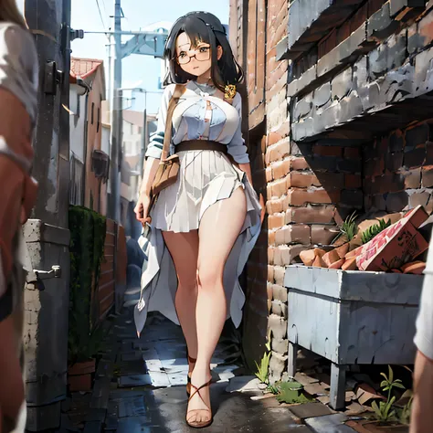 Flesh-colored busty lady，Wearing a hip skirt，Dress simply，white high heels，breast exposed，wear glasses