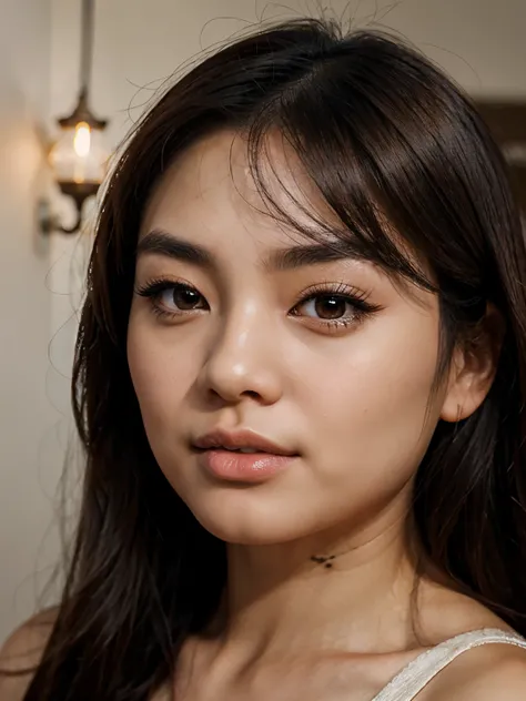 Ultra realistic asian woman, with realistic seductive face, realistic full lips, realistic big brown eyes, realistic long eyelashes, realistic nose, rough, realistic long beautiful hair