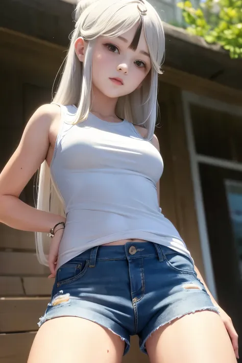 ((medium sized breast, tomboy girl, small head)), Daytime, sunlight, (Belly chisel : 1.1), (perfect body : 1.1), (long straight hair : 1.2) , silver hair, shirt collar, chain, Take the whole body, Busy streets, Wear a black tank top., jeans jacket, ((short...