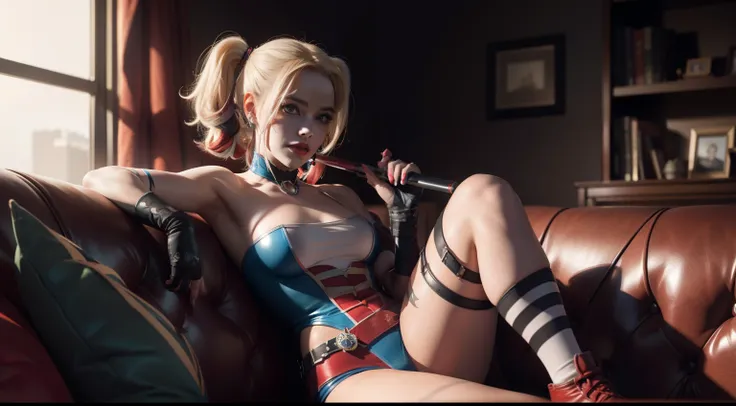 Harley Quinn из DC Comics, CGI with clear focus, Photorealistic, high detail, Realistic, Masterpiece, absurdress, Best Quality, HDR, hiquality, hight resolution, Extremely detailed, 8k wallpaper, intricate details, 8K UHD, Full-HD, (foto realista:1.2), Con...