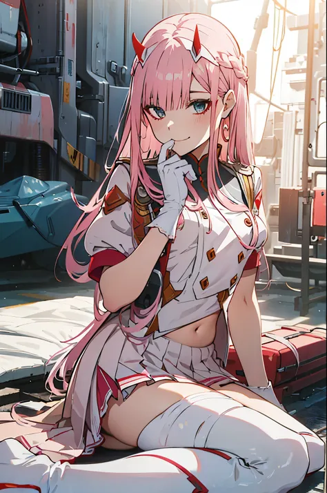 beautiful illustration、top-quality、Cute  s、bedroom、pink-haired、lenght hair, red color eyes、(((pink pleated skirt)))、(((white sailor suit))), clothes covering full body、shortsleeves、a navel、bare-legged、on the beds、lovely thighs、glowing thigh, 1girl, bangs, ...