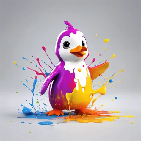 (masterpiece, highest quality, High resolution), white background, ((colorful paint splash, color splash, large amount of ink splash, color splash)), cute penguin mascot, 3D anime, Holding a paintbrush, innocent smile, front, whole body, bucket of paint, (...