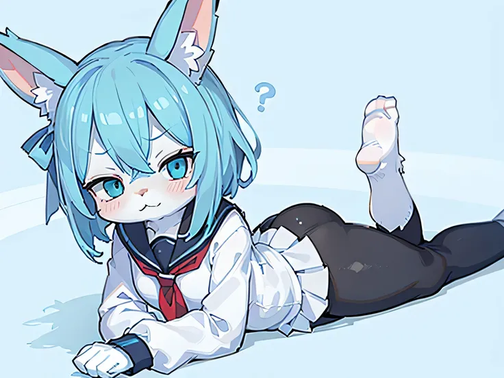 contempt, anger, half closed eyes, Simple dead eyes,Aqua hail, tights,short hair,{{{Lop-eared rabbit}}},light blue and white skin,school uniform, sailor suit,blush,aqua rabbit ears,lying on the ground,woman,furry,knee high,cute,sailor suit