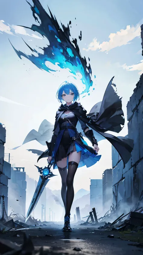 1girl, skyblue hair, short hair, wearing a dark cloak, walking on a ruined city, broken, bearing a wind power, wielding a blade, fantasy, wind energy around