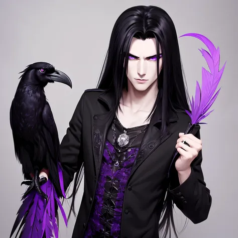 62 male, long raven black hair, goth pale skin, and purple eyes