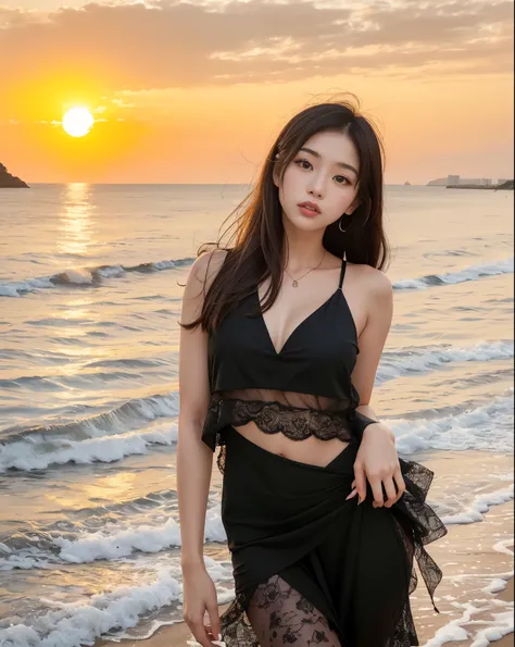 Alafid woman in black dress standing on the beach, Wearing a two-piece swimsuit, beautiful korean woman, Beautiful young Korean woman, hot，sunny, with sunset, Beautiful young Korean woman, korean girl, beach at sunset, She is wearing a black vest, black pi...