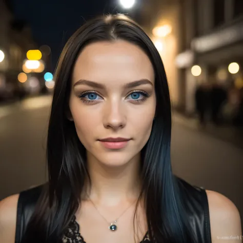 (Selfie, Draufsicht: 1.4), (straight half of the body: 1.4), RAW UHD portrait photo of a 24-year-old blonde (Blue-eyed woman) Eine dunkle Gasse entlanggehen, big ,, Stadt bei Nacht, (Rock), (Ausschnitt), Details (Gewebe! , Haar! , Glitzer, Farbe!! , Benach...