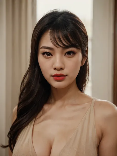 Ultra realistic asian woman, with realistic sedu ctive face, realistic full lips, red lipstick, realistic big br own eyes, realistic long eyelashes, realistic nos e, rough, realistic long beautiful hair