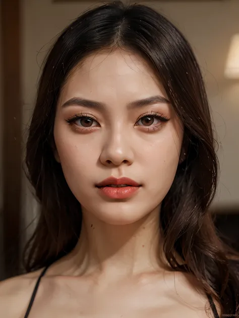 Ultra realistic asian woman, with realistic sedu ctive face, realistic full lips, red lipstick, realistic big br own eyes, realistic long eyelashes, realistic nos e, rough, realistic long beautiful hair