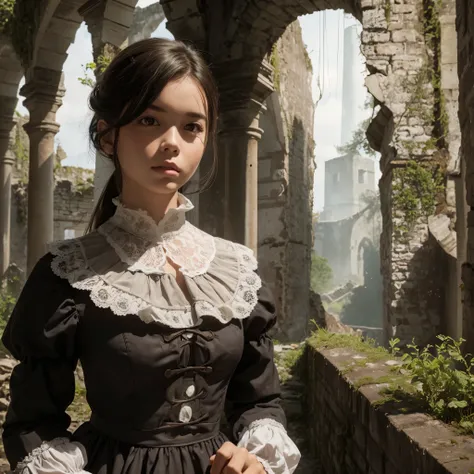 girl, solo, dress, old era fashion, in the ruins, ruined old castle