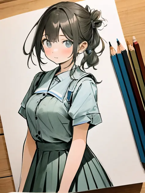 masterpiece,high quality,美しい壁paper,16k,photo taken,sketch, ひだまりsketch,((paper)),paperを持ってください,((paperに制服の女の子を描く)),pencil,