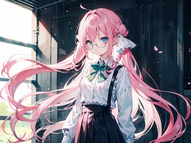 pink haired girl, 25 years old,  body, light blue eyes, long hair,Green braid tied in bows left and right....wear glasses........small breasts, Wear a white shirt.. Wear a black miniskirt.. From America...Wear a black bra..,(shy).....The background is scho...