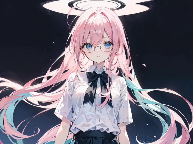 pink haired girl, 25 years old,  body, light blue eyes, long hair,Green braid tied in bows left and right....wear glasses........small breasts, Wear a white shirt.. Wear a black miniskirt.. From America...Wear a black bra..,(shy).....The background is scho...