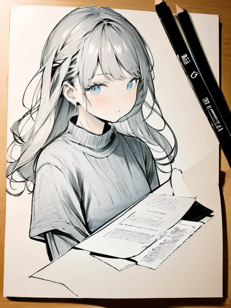 masterpiece,high quality,美しい壁paper,16k,photo taken,sketch, ひだまりsketch,((paper)),paperを持ってください,((paperにスクールガールを描く)),pencil,