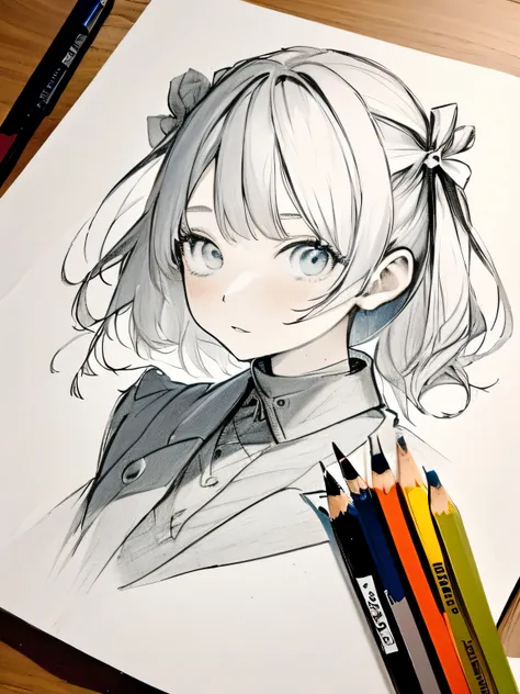 masterpiece,high quality,美しい壁paper,16k,photo taken,sketch, ひだまりsketch,((paper)),paperを持ってください,((paperにスクールガールを描く)),pencil,