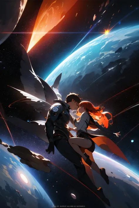 Draw a young couple hero, flying in the galaxy surrounded by several asteroids and stars glowing with fiery auras. Dramatic lighting from distant stars and planets illuminates the scene, casting deep shadows on the suit. The young couple looks inlove, look...