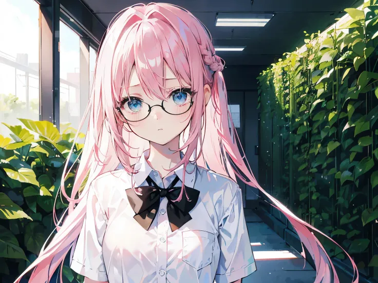 pink haired girl, 25 years old,  body, light blue eyes, long hair,Green braid tied in bows left and right....wear glasses........small breasts, Wear a white shirt.. Wear a black miniskirt.. From America...Wear a black bra..,(shy).....The background is a sc...