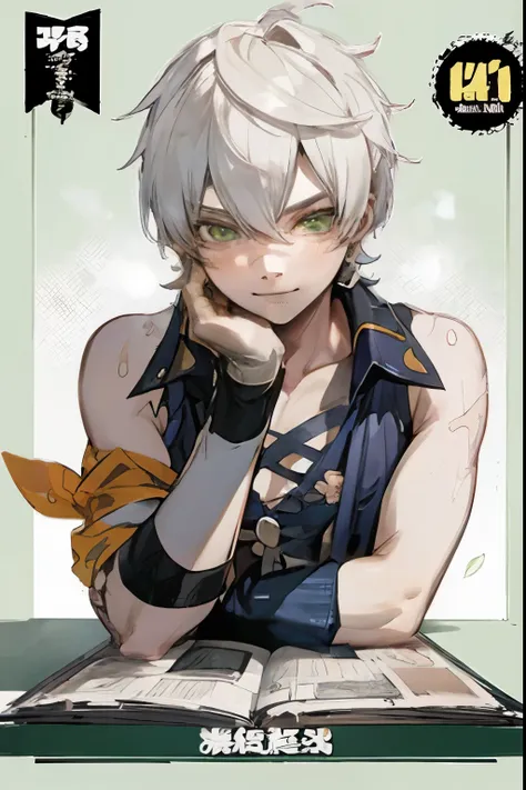 ((masterpiece)),(((best quality)))high detail, hd, 4k,1boy, male focus, green eyes,black  bandaid on face,  smile, sleeveless, w...