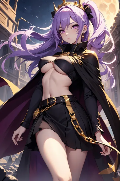 vampire queen, perfect body shape, small breast, battle skirt, (royal cape 1:1.1, underboobs 1:1.2), main color is matte black, secondary color is purple, sexy and devil aura, original character, masterpieces, seducing purple pupil, (multi color high pony ...