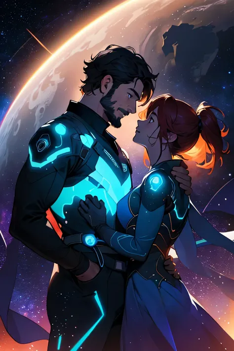 Draw a young couple hero, floating in the middle galaxy surrounded by several asteroids and stars glowing with fiery auras. Dramatic lighting from distant stars and planets illuminates the scene, casting deep shadows on the suit. The young couple looks inl...