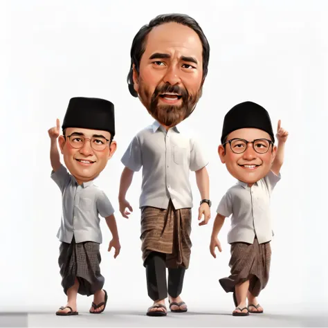 cartoon of three men in traditional clothing with a white background, caricature illustration, jokowi, caricature, official illustration, three head one body, 3 heads, the three moiras, charactor, caricature!!!, cartoon image, caricature style, style of ca...