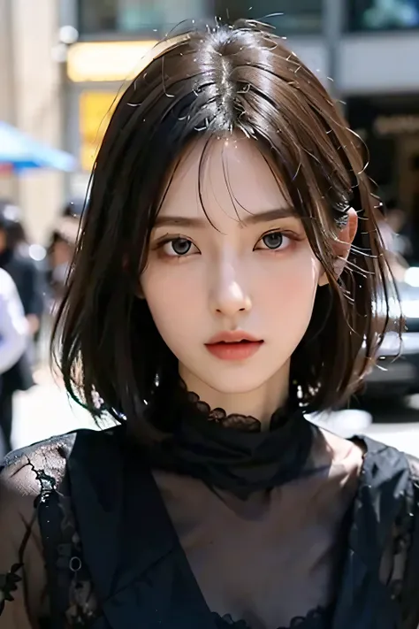 ８ｋ、High resolution、B girl fashion、beautiful girl、slender body、young、white skin,、narrow eyes,high nose,lighting that illuminates the face、clear image、intellectual beauty、Eyes staring straight ahead、skinny、no makeup、Black Lace Costume、short hair、anxious look...