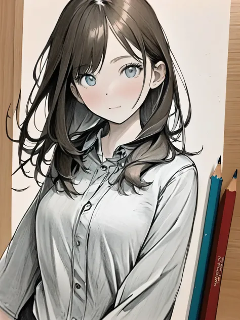 masterpiece,high quality,美しい壁paper,16k,photo taken,sketch, ひだまりsketch,((paper)),paperを持ってください,((paperにセクシーな女の子を描く)),pencil,