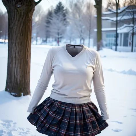 sweater, school uniform, in winter, stripe tie, plaid skirt, (invisible, no humans, headless, faceless:1.5), cute big breasts