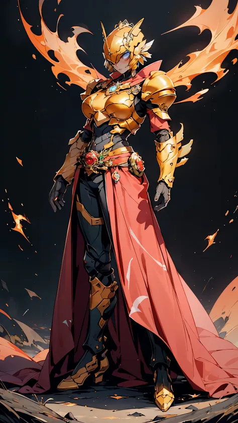 A woman adorned in fantasy-style full-body armor, a crown-concept fully enclosed helmet that unveils only her eyes, a composite layered chest plate, fully encompassing shoulder and hand guards, a lightweight waist armor, form-fitting shin guards, the overa...