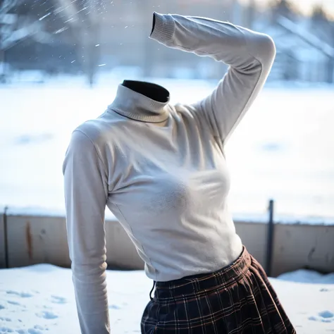 sweater, school uniform, in winter, stripe tie, plaid skirt, (invisible, no humans, headless, faceless:1.5), cute big breasts