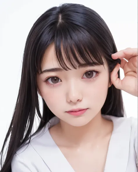 highest quality, realistic, 8k, High resolution, 1 girl, woman, (skin dents), (portrait:0.6), nice, ((white background, school uniform, small breasts:1.65)), (long black hair, parted bangs:1.4), looking at the viewer,  (1 girl eyes looking at the viewer:1....