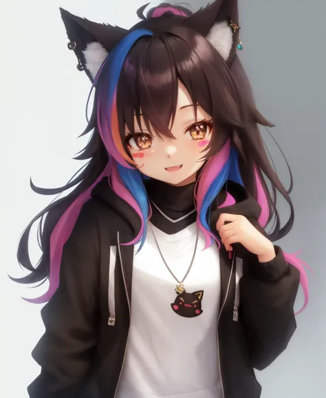 Niji_Emote,  chibi,  emoji twitch emote,  stickers,  1girl,  solo,  blush,  smile,  brown hair,  shirt,  jewelry,  blue hair,  jacket,  upper body,  multicolored hair,  earrings,  green hair,  teeth,  dark skin,  hood,  necklace,  star (symbol),  dark-skin...