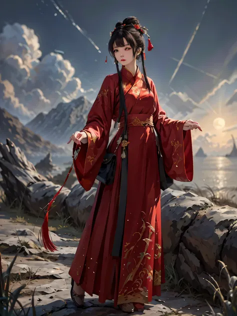 ridiculous, high resolution, super detailed, (1 girl:1.3), hand painted, simple lines, the girl looks good in red hanfu , master...