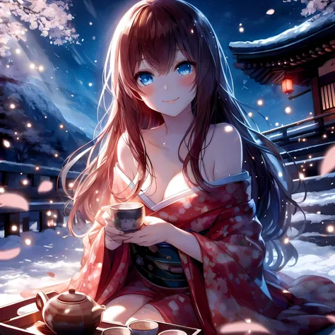 Anime girl wearing kimono sitting on tray drinking tea, anime style 4k, 4k anime wallpaper, Beautiful anime girl, anime wallpaper 4k, anime wallpaper 4k, Anime Art Wallpaper 4k, Anime Art Wallpaper 4k, 4k comic wallpaper, anime girl desktop background, Bea...