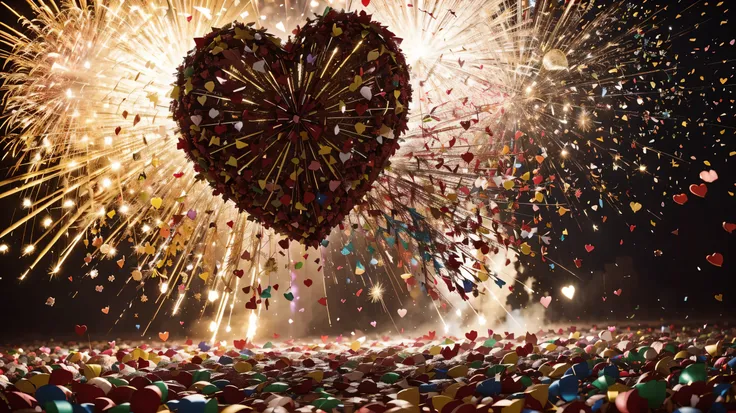 A vibrant explosion of heart-shaped confetti, bursting forth in a jubilant display of color and energy. Great for festive occasions, parties, or cheerful greetings."
Keywords: Confetti, Hearts, Celebration, Festive, Joyful, Explosion, Colorful, Vibrant