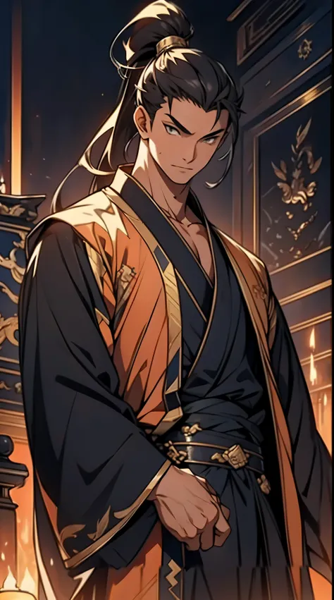 Two dimensions，anime style，one person（male warrior），proportions are correct，facial details，swordsman，high ponytail hairstyle，neck detail，Have an Adam&#39;s apple，Black and gold robe，joke，Black and gold robe，clothing details，Hand over，long sleeves，Game qual...