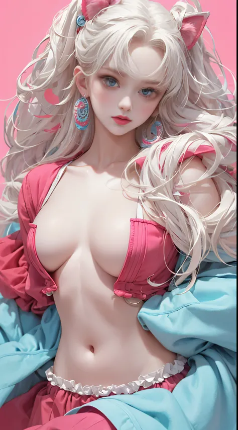 Light blue and red color scheme， nipple，，，white curly hair, high detail, highest quality, supper detail, eye for detail, pink cat, simple background, 5/6 bodies