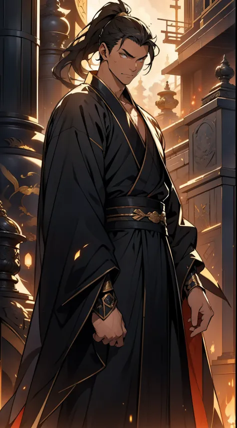 Two dimensions，anime style，one person（male warrior），proportions are correct，facial details，swordsman，high ponytail hairstyle，neck detail，Have an Adam&#39;s apple，Black and gold robe，joke，Black and gold robe，clothing details，Hand over，long sleeves，Game qual...