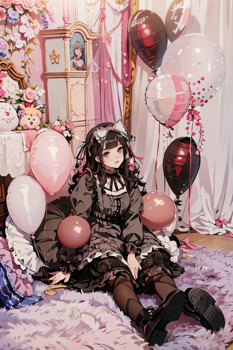 there is a woman sitting on a rug with balloons and a teddy bear, portrait of magical lolita girl, lolita style, lolita fashion,...