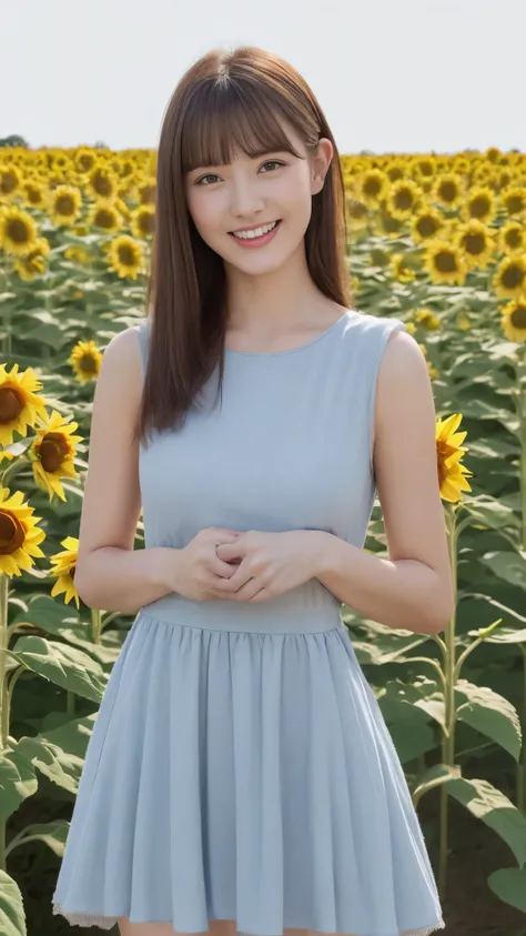 ((highest quality、8K、masterpiece:1.3))、sharp:1.2、perfect body beauty:1.4、slim abs:1.2、big、beautiful face、laughter、((casual dress:1.3))、(Sunflower field background:1.2)、straight hair、Highly detailed face and skin texture、detailed eye、Looking at the camera、P...