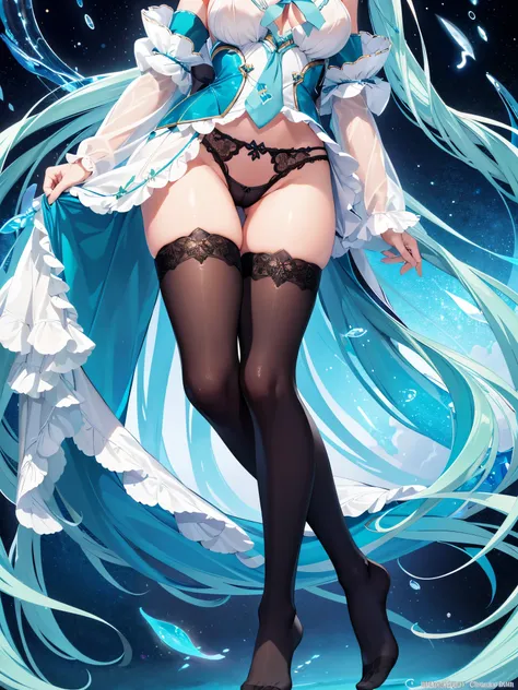 (1 girl),(high quality), (High resolution), (extremely detailed), (8K),(focus on lower body),(CG)、goddess of the sea、goddess outfit、transparent costume、Magic Mentor、sexy panties、(black knee high stockings:1.2)、nipple shape、No shoes、neutral white lighting,s...