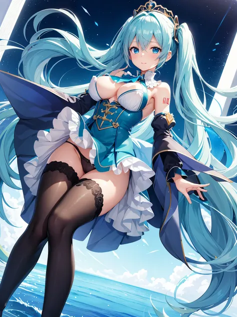 (1 girl),(high quality), (High resolution), (extremely detailed), (8K),(focus on lower body),(CG)、goddess of the sea、goddess outfit、transparent costume、blue dress、Magic Mentor、sexy panties、(black knee high stockings:1.2)、nipple shape、No shoes、neutral white...