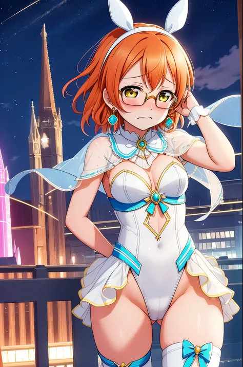 masterpiece, best quality,(hoshizora rin:1.000), cowboy shot,yellow eyes, orange hair,(white and blue leotard), magical girl glasses, earrings, thighhighs ,at night, embarrassed,wide hips,(humiliated:1.5)