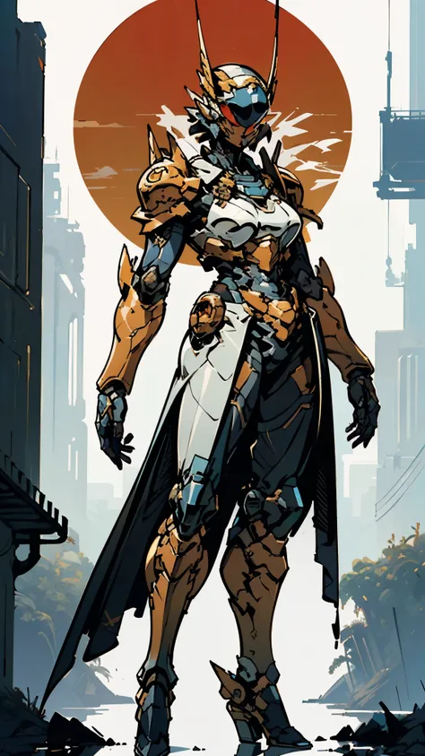 A woman adorned in fantasy-style full-body armor, a crown-concept fully enclosed helmet that unveils only her eyes, a composite layered chest plate, fully encompassing shoulder and hand guards, a lightweight waist armor, form-fitting shin guards, the overa...